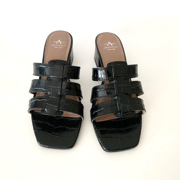 Aquatalia Harla Croco Caged Mule Sandals Black Leather Croc Embossed Shoes 8 - Picture 6 of 16